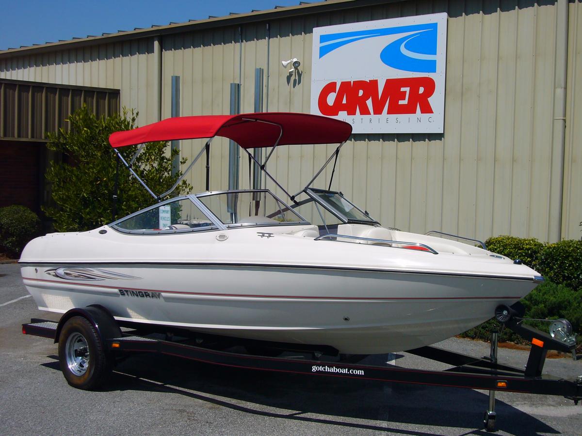 Super Sport Bimini Top on Stingray in Logo Red Sunbrella