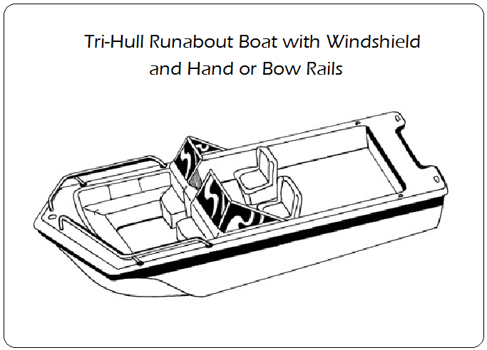 Tri Hull Runabout Boat with Windshield and Hand or Bow Rails